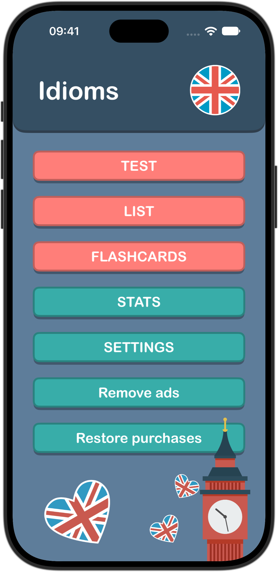 English Idioms home screen on iPhone 18 Pro, with Test, List, Flashcards, Stats and Settings